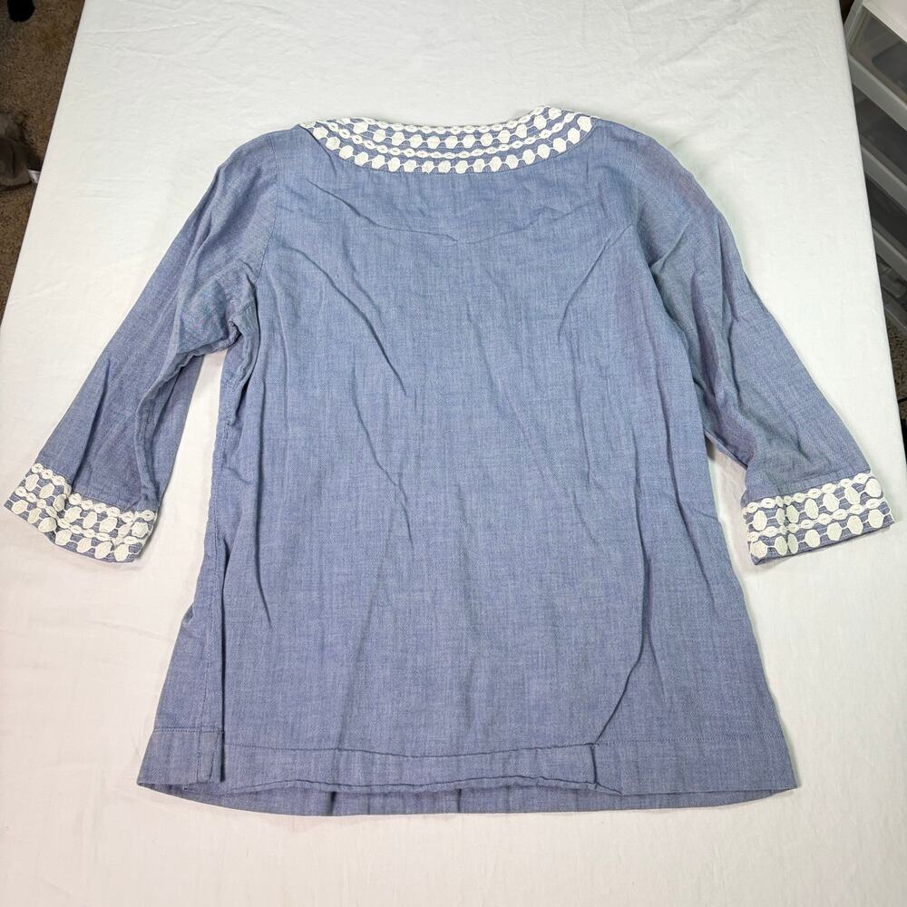 Boden womens chambray blouse white crochet collar, cuffs. Size 8. boho, vacation - Picture 4 of 4